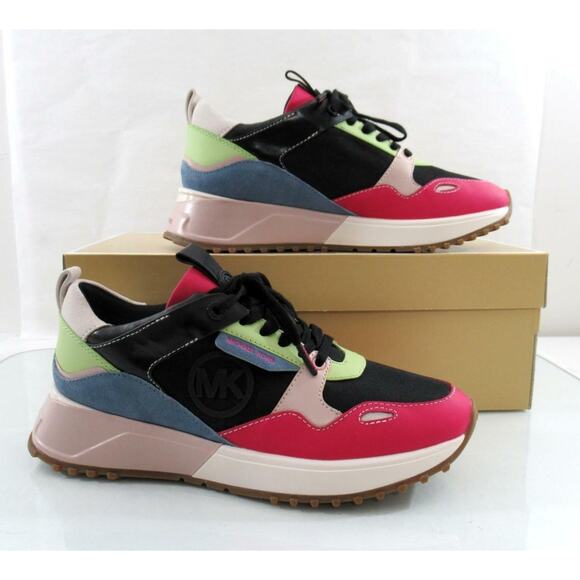 Michael Kors Theo Trainer Lace Up Sneakers Mk Logo Black Leather - Picture 5 of 11